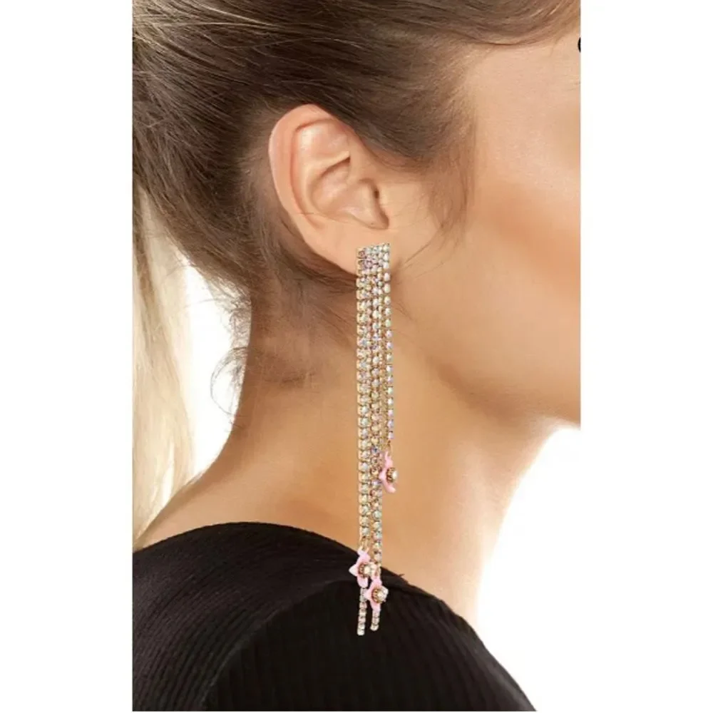 Betsey Johnson floral stone linear fringe earrings NWT - Picture 2 of 8